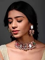 Rose Gold Color Floral Choker and Earrings Set with Multicolor Stone