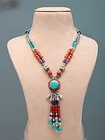 Tibetan Style Red and Blue Stone Long Necklace