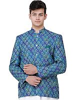 Clematis-Blue Blazer with Printed Mughal Motifs