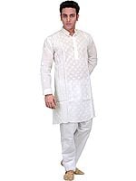 Star-White Kurta Pajama with Lukhnavi Chikan Embroidery by Hand