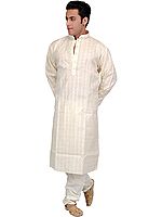 Pure Cotton Kurta Pajama with Wide Woven Stripes and Embroidery on Neck