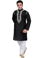 Black Kurta Pajama with Lucknowi Embroidery on Neck