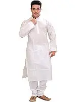 Bright-White Kurta Pajama with Woven Stripes