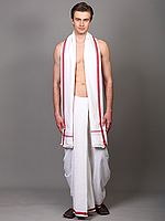 Plain Dhoti and Angavastram Set with Striped Border from ISKCON Vrindavan by BLISS