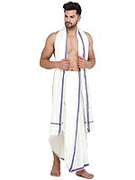 Plain Dhoti and Angavastram Set with Striped Border from ISKCON Vrindavan by BLISS