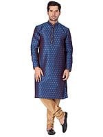 Silk Blend Kurta With Churidar Pajama With All-Over Zari Thread Square Dots Motif