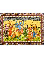 Shridama and Madhumangal Help Krishna Lift Mount Govardhana