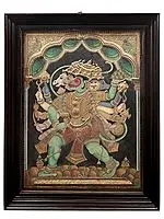 Panchamukhi Hanuman Tanjore Painting | Traditional Colors With 24K Gold | Teakwood Frame | Gold & Wood | Handmade | Made In India
