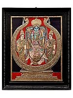 Lord Vishnu Sitting on Garuda With Sridevi and Bhudevi Tanjore Painting | Traditional Colors With 24K Gold | Teakwood Frame | Gold & Wood | Handmade | Made In India