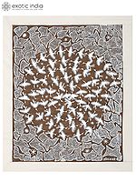 Flying Birds In Group - Warli Art | Cow Dung And Acrylic On Manjarpat Cloth | By Pravin Mhase