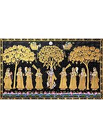 Lord Krishna Playing Flute With Gopi Pichwai Painting | Natural Color On Cloth | By Dheeraj Munot