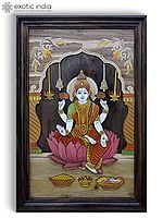 36" Devi Lakshmi Seated on Lotus | 3D Wall Panel in Rosewood with Inlay Work