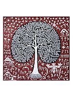 Tree Of Life And Lifestyle Warli Painting | Natural Color On Cotton Cloth | By Sanjay Balakrishna Parhad