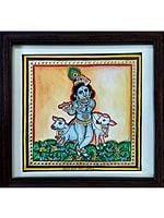 Fluting Bal Gopal Krishna with Cows | Mysore Traditional Painting | With Frame
