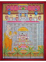 ShrinathJi Aarti With Saint | Pichwai Painting | Stone Color On Cotton Cloth | By Narendra Kumar