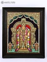 Lord Karttikeya Standing on Kirtimukha Throne | 24 Karat Gold Work | Framed Tanjore Painting