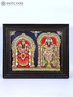Lord Venkateshvara (Tirupati Balaji) with Goddess Padmavathi | 24 Karat Gold Work | Framed Tanjore Painting