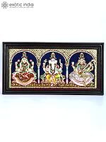 Lakshmi Ganesha Saraswati | 24 Karat Gold Work | Framed Tanjore Painting