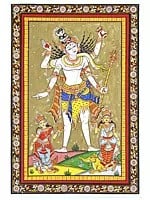 Standing Lord Shiva with Devi Ganga and Yamuna | Pattachitra Painting