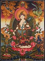 Goddess White Tara - Tibetan Buddhist (Brocadeless Thangka)