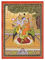 Lord Vishnu and Goddess Lakshmi Seated on his Vahana Garuda | Art by Sandeep on Handmade Hard Paper Water Color