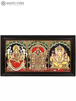 Gajalakshmi, Tirupati Balaji (Venkateshvara) and Ganesha | Tanjore Painting with Frame