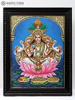 Gaja Lakshmi on Lotus - Embossed Tanjore Painting with Frame | Traditional Colors with Gold Work