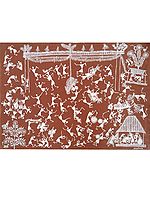 The Rural Celebration - Warli Art | Terracotta, Cow Dung And White Acrylic | By Pravin Mhase