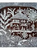 House On River Side In Village - Warli Art | Cow Dung And Acrylic On Manjarpat Cloth | By Pravin Mhase