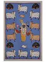 Shrinathji with Kamdhenu Cow and Peacock | Natural Color on Cloth | By Jagriti Bhardwaj