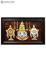 30" Tirupati Balaji With Vaishnava Symbols | Natural Color On Wood Panel With Inlay Work