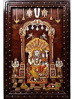 36" Lord Narsimha With Goddess Lakshmi | Natural Color On 3D Wood Painting With Inlay Work