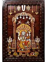 36" Lord Narsimha With Goddess Lakshmi | Natural Color On 3D Wood Painting With Inlay Work