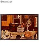 Village Life | Natural Color on Wood Panel with Inlay Work