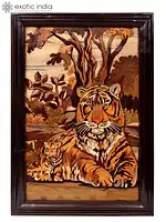 Tiger with Cub | Natural Color on Wood Panel with Inlay Work