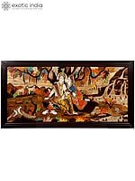 72" Large River Side Seated Radha Krishna | 3D Art Wood Panel with Inlay Work