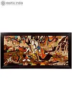 72" Large River Side Seated Radha Krishna | 3D Art Wood Panel with Inlay Work