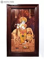 31" Divine Krishna With Cow | Natural Color On 3D Wood Painting With Inlay Work