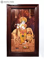 31" Divine Krishna With Cow | Natural Color On 3D Wood Painting With Inlay Work