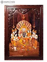 36" Lord Narasimha With Goddess Lakshmi | Natural Color On Wood Panel With Inlay Work