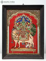 26" Goddess Meenakshi Seated on Kamadhenu Cow | Tanjore Painting | With Frame