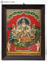 26" Lord Murugan (Karttikeya) Seated on Peacock with Devasena and Valli | Tanjore Painting | With Frame