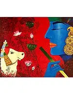 Beautiful Krishna With Kamdhenu Cow | Acrylic And Ink On Canvas | By Kangana Vohra