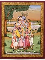 Krishna as Lord of Mind Controls Our Indriyas | Watercolor Painting with Embroidered Gold