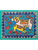 Goddess Kamdhenu With Calf | Madhubani Painting | Acrylic On Canvas | By Rina Patwa