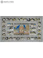 Shri Krishna with Rukmini and Satyabhama with Chapters of His Life Journey | Superfine Pattachitra Painting | Masterpiece