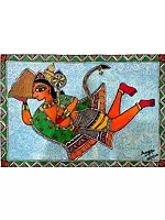 Hanuman Carrying Sanjivani Buti | Acrylic On Paper | By Roopa