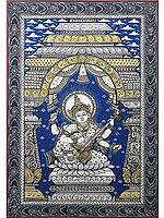 Devi Saraswati Seated on Lotus Playing Veena | Pattachitra Painting from Odisha