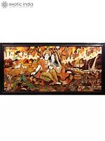 96" Large Superfine Radha Krishna Seated Under the Tree | Colorful 3D Panel in Rosewood with Inlay Work