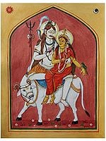 Lord Shiva and Parvati Sit on Nandi | Watercolor on Paper | By Yubraj